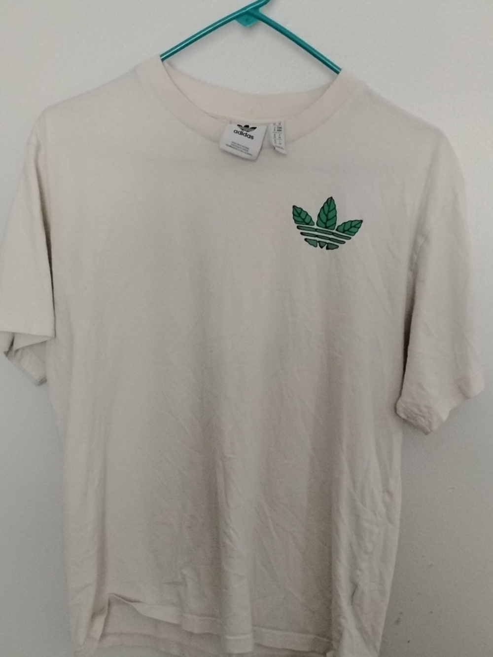 adidas Off-White Short Sleeve Tee with Green Trefoil Leaf Logo